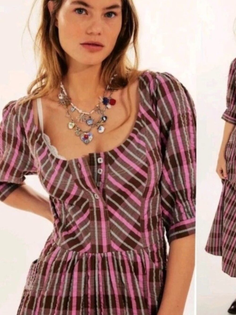 Free People Pink and Brown Plaid Midi Dress